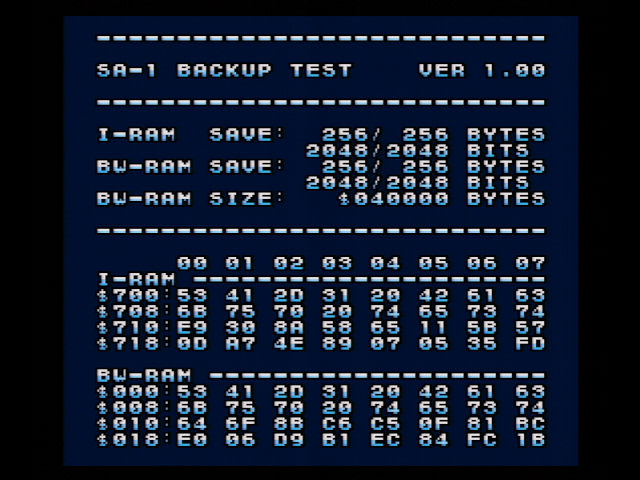 テストROM実行結果画面 SHVC-1L0B-01基板でI-RAM, BW-RAMが両バックアップされている